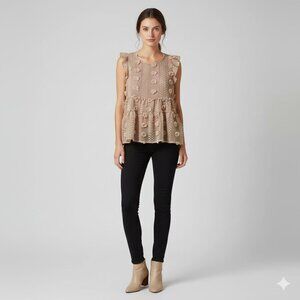 AMOLI "Tea Time" Flutter Sleeveless Tiered Baby Doll Tufted Flower Tan Women L